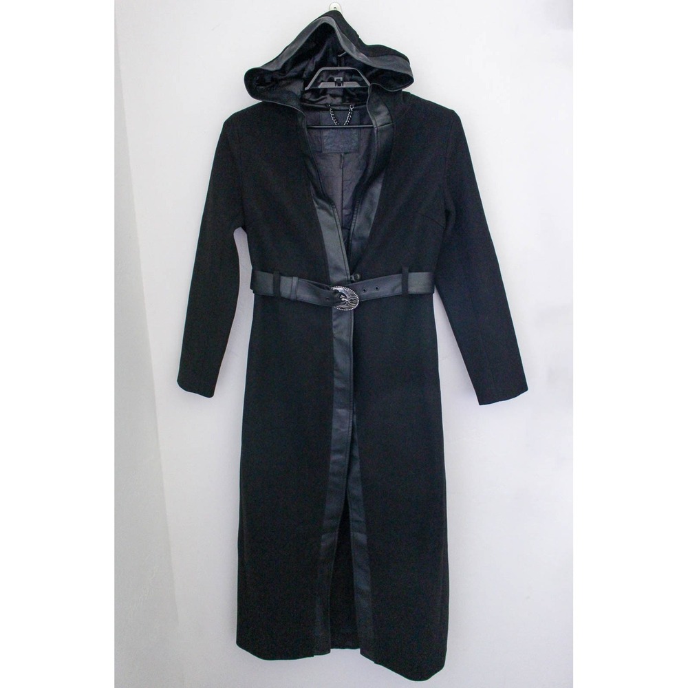 Killstar Hooded Longline Coat Large Black Faux Leather Trim Gothic Halloween